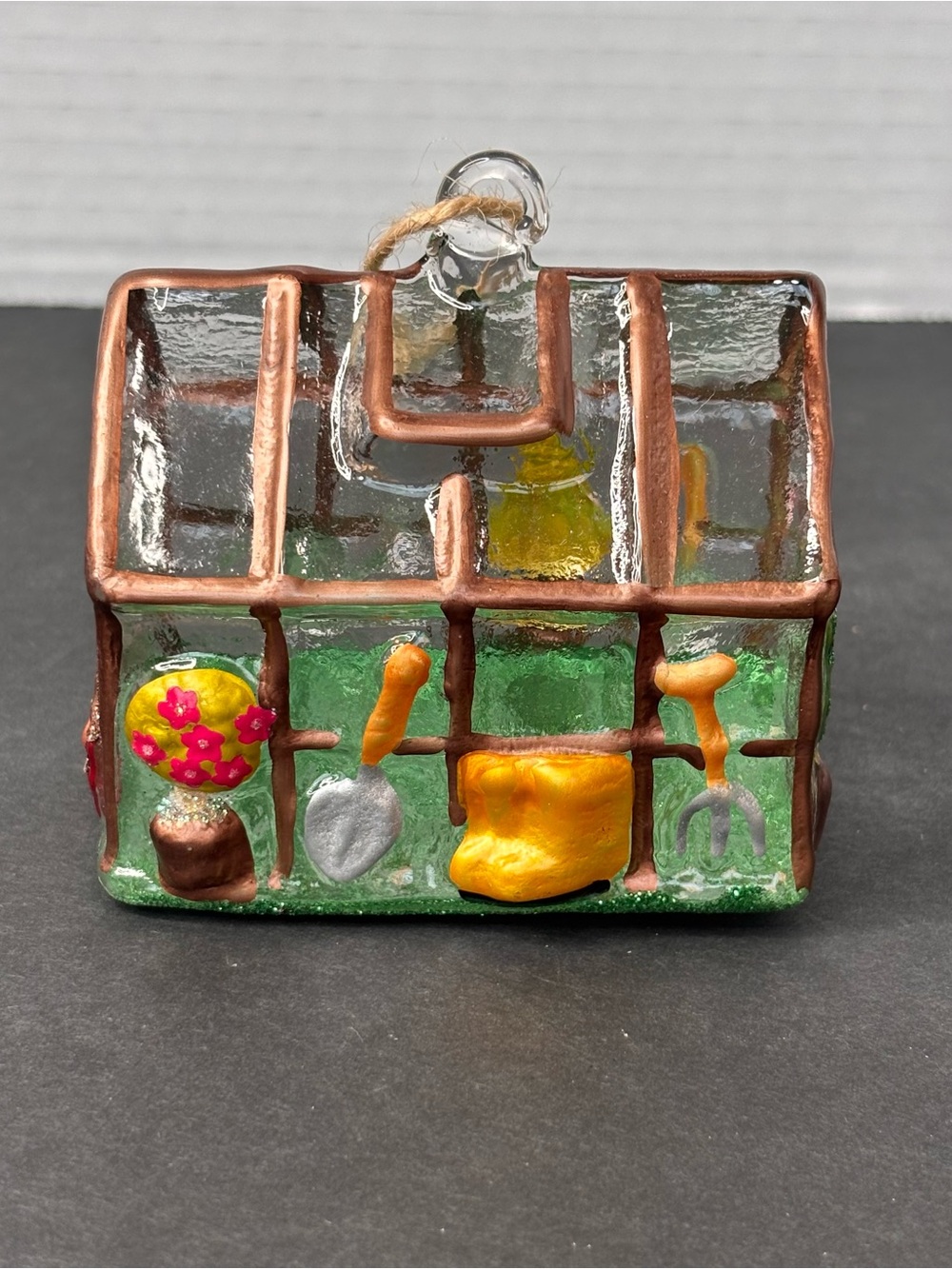 VTg Hand Painted Glass Blown Ornament Spring Flowers Shovel Watering Can Garden